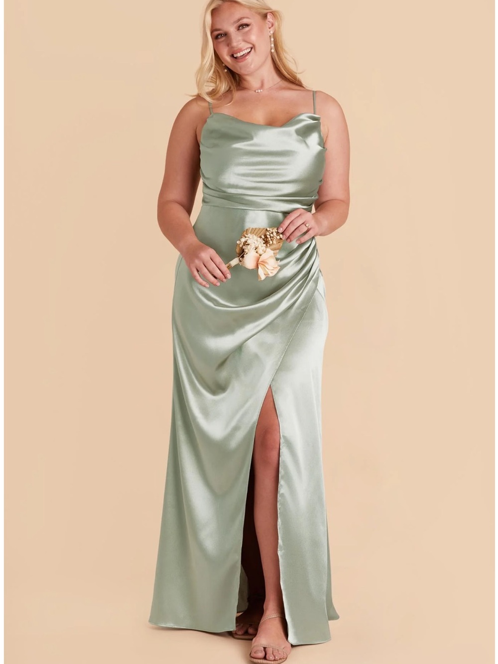 Birdy Grey Lydia Shiny Satin Cowl Slip Dress in Sage